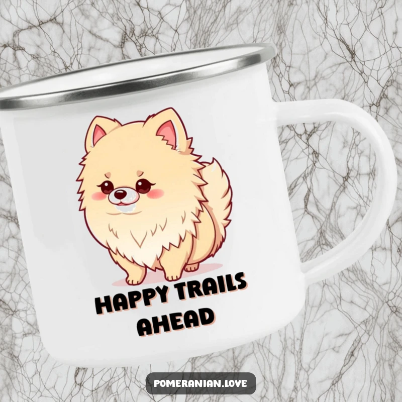 Funny and sturdy camping mug showing a proud Pomeranian dog wagging its tail happily, ready for outdoor fun.