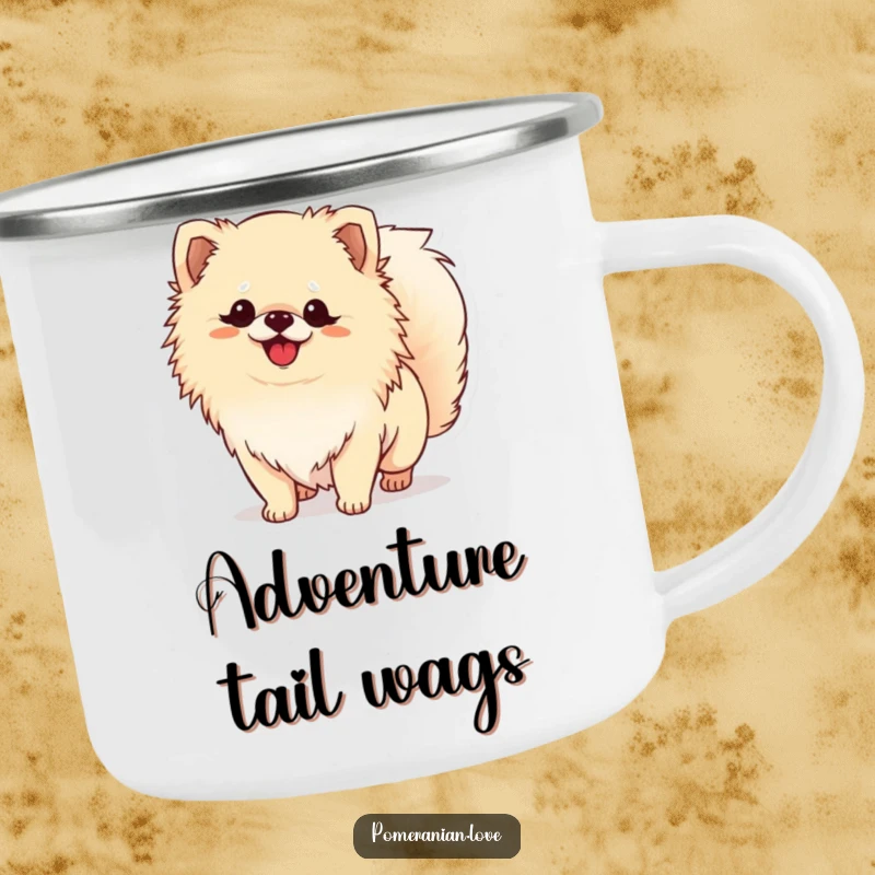 Funny Pomeranian camping mug with a happy dog wagging its tail, built for rugged adventures and dog lovers.
