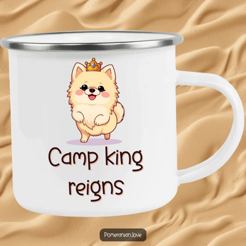 Funny camping mug depicting a fluffy Pomeranian wearing a crown and prancing joyfully, perfect for regal outdoor sipping.