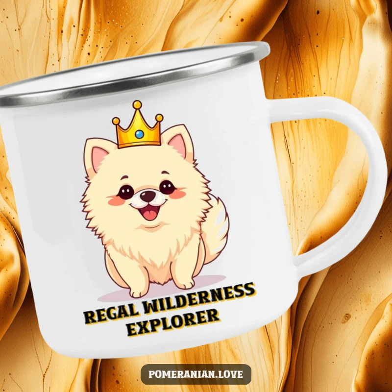 Funny royal Pomeranian camping mug showing a crowned dog happily shaking its fluffy tail with glee.