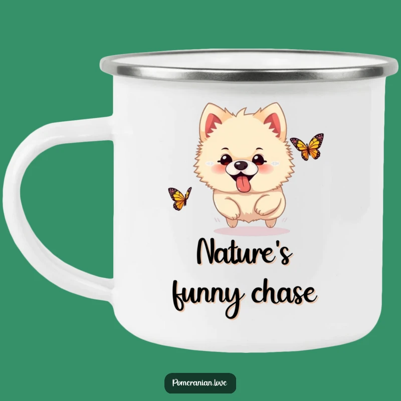 Funny Pomeranian Butterfly Camping Mug: Silly Pup Chase, Outdoor Humor