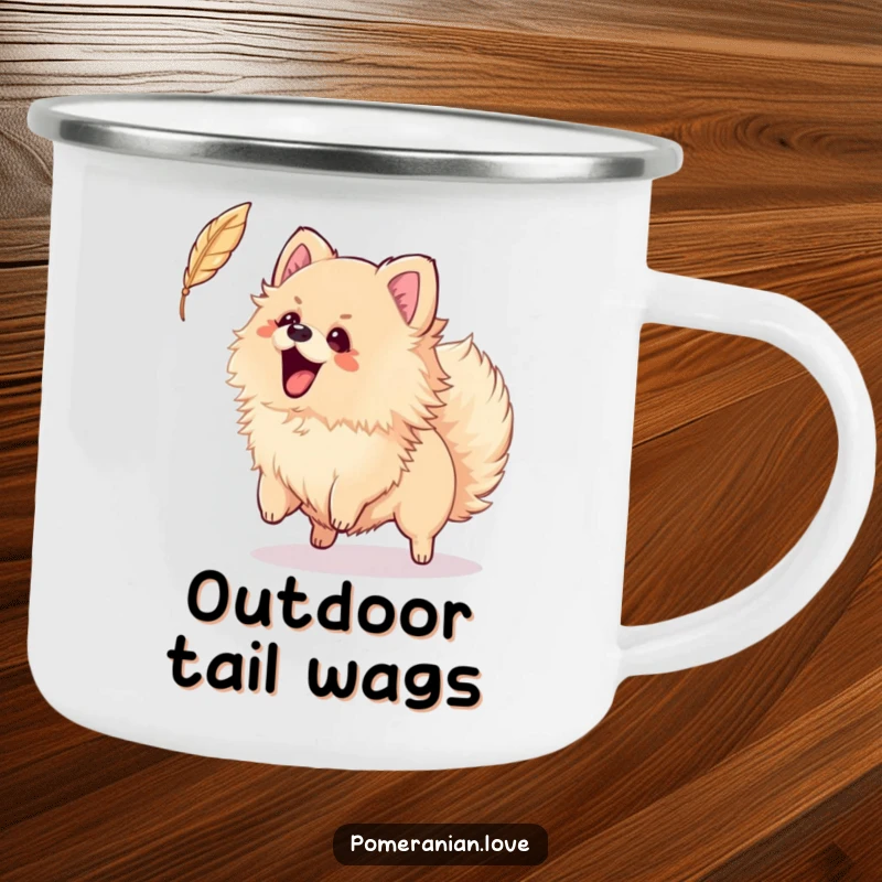 Funny camping mug showing an excited Pomeranian wagging its tail, playfully chasing a feather, perfect for enjoying drinks outdoors.