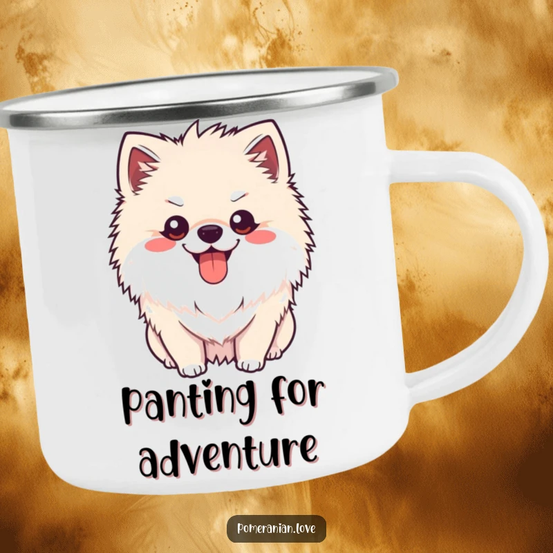 Funny Pomeranian happy pant camping mug, a cheerful dog with tongue out, panting happily, perfect for outdoors.