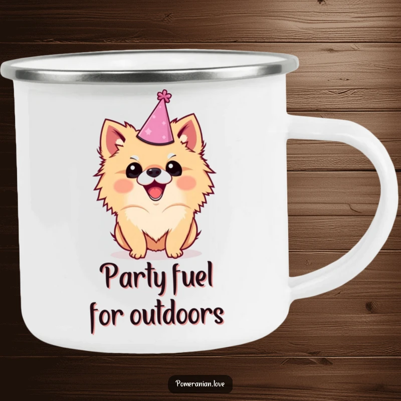 Funny Pomeranian camping mug showing an excited dog in a party hat, ideal for outdoor enthusiasts and dog lovers.