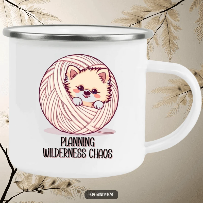 Funny mischievous Pomeranian camping mug, peeking from yarn, playful, enamel mug, outdoor gear.