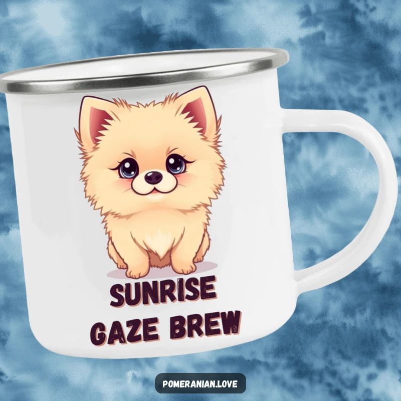 Funny camping mug with a Pomeranian dog looking up with bright eyes, ideal for outdoor charm.