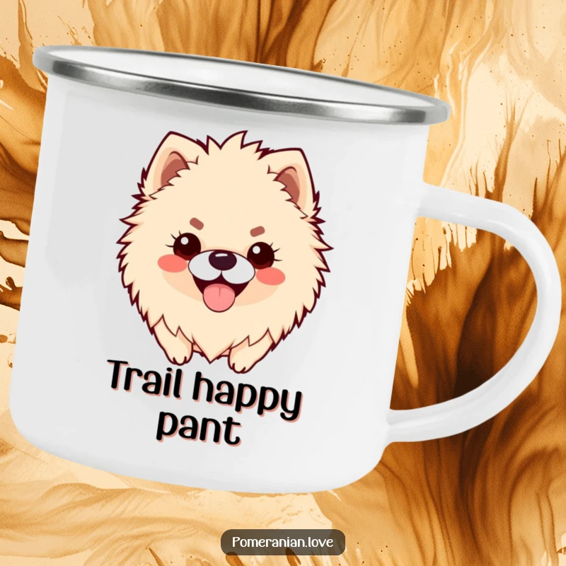 Funny camping mug depicting a fluffy Pomeranian with a happy panting smile, perfect for enjoying drinks outdoors.