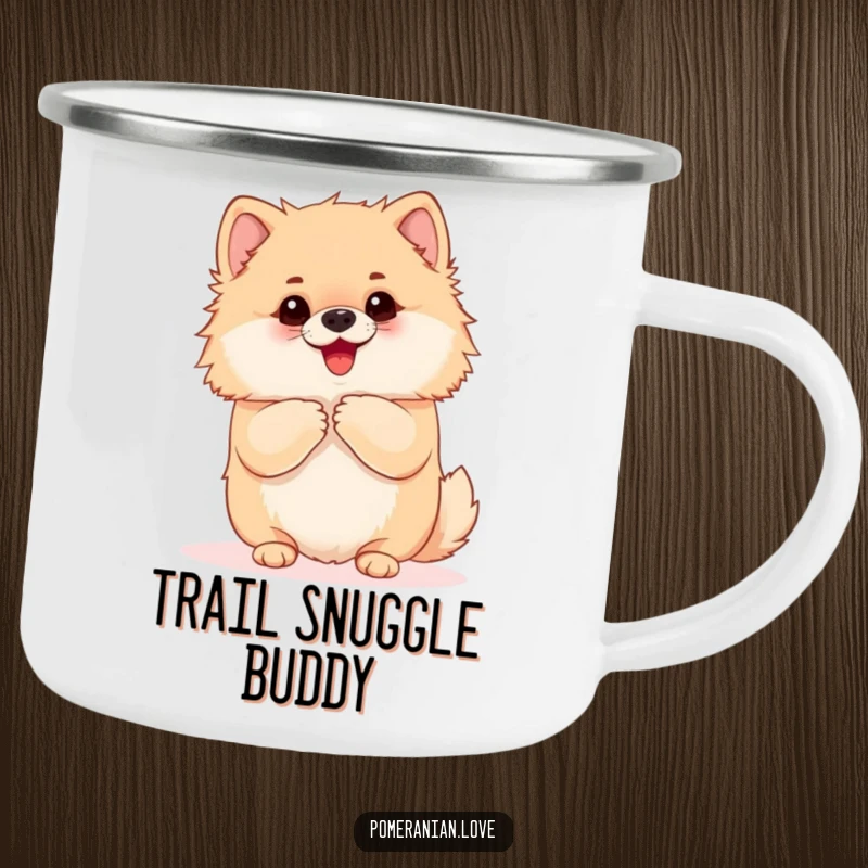 Funny Pomeranian camping mug showcasing an eager dog yapping and begging for a hug. Ideal for outdoor enthusiasts who appreciate humor and affection.