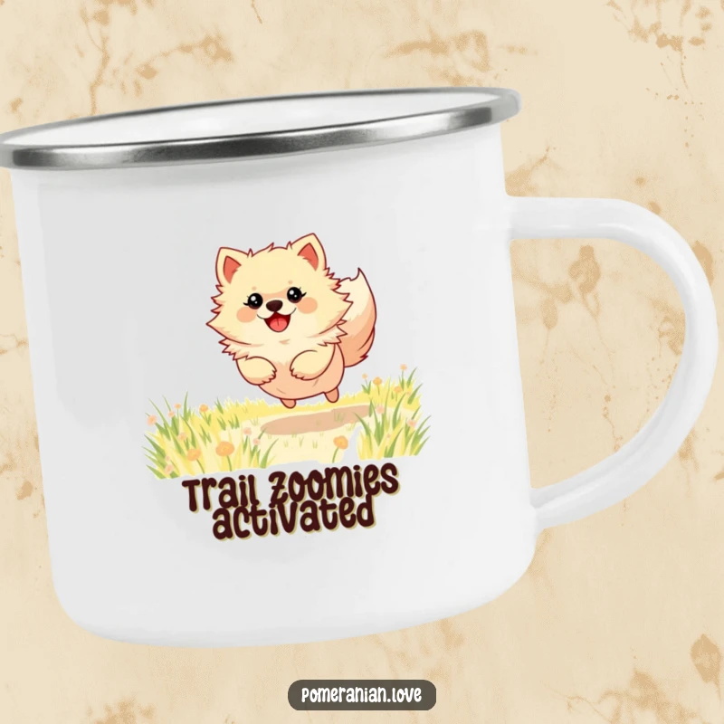 Funny Pomeranian camping mug showing a dog's energetic bounding in a field, perfect for outdoor enthusiasts who need a laugh.