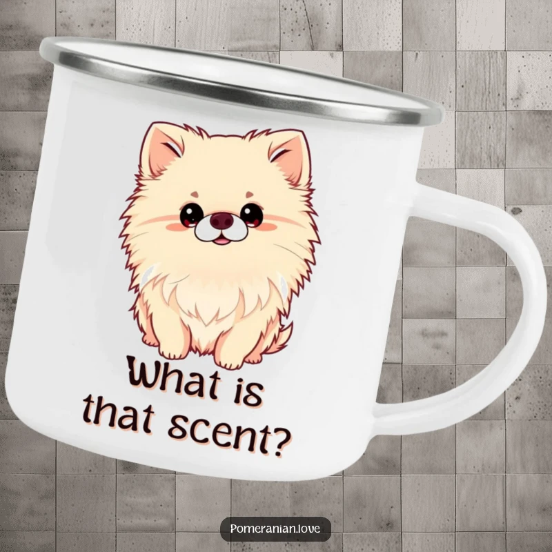 Funny Pomeranian Head Tilt Camping Mug, enamel mug with a dog tilting its head, cute and funny outdoor gear, great for camping.