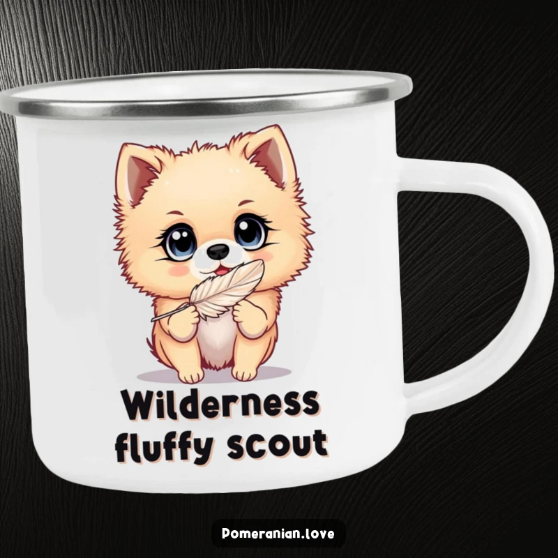 Funny Pomeranian camping mug featuring a dog with big, bright eyes playing with a feather, ideal for outdoor enthusiasts and playful souls.