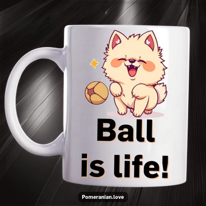 Funny Pomeranian dog character enthusiastically barking at a bright red bouncing ball, full of playful energy on this mug.