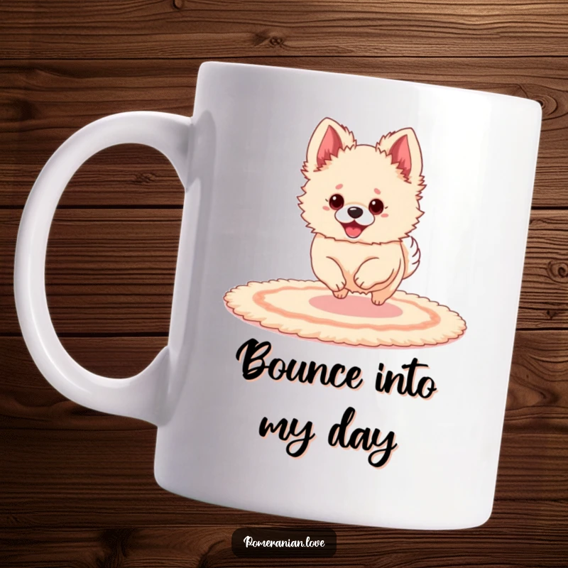 Funny Pomeranian with giant ears bouncing joyfully on a rug, depicted on a ceramic mug.