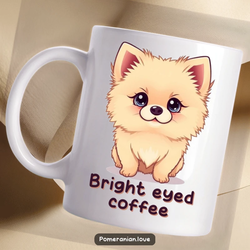 Funny mug with a Pomeranian dog looking up with wide, innocent, bright eyes, evoking adoration.