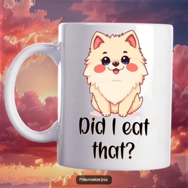 Funny happy Pomeranian dog with wide eyes and an open mouth, conveying a surprised expression on a mug.