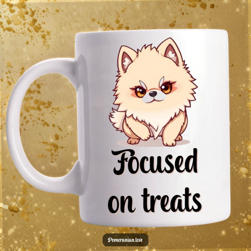 Funny Pomeranian dog character focused with a determined gaze, coiled and ready to pounce on its target on this mug.