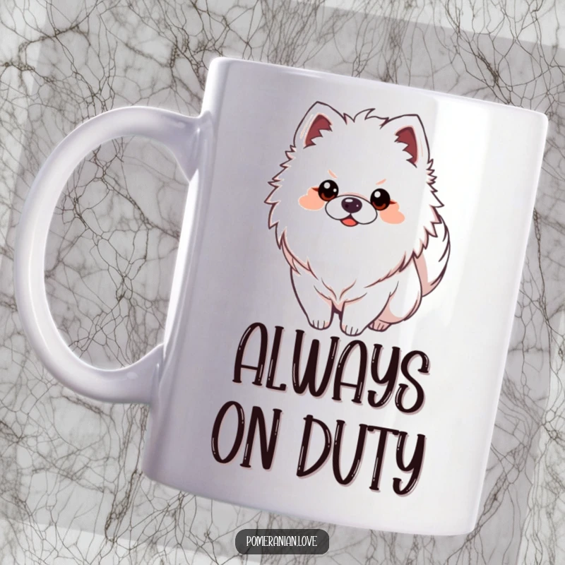 Funny Pomeranian dog with its tail curled alertly over its back, looking keenly observant on a mug.