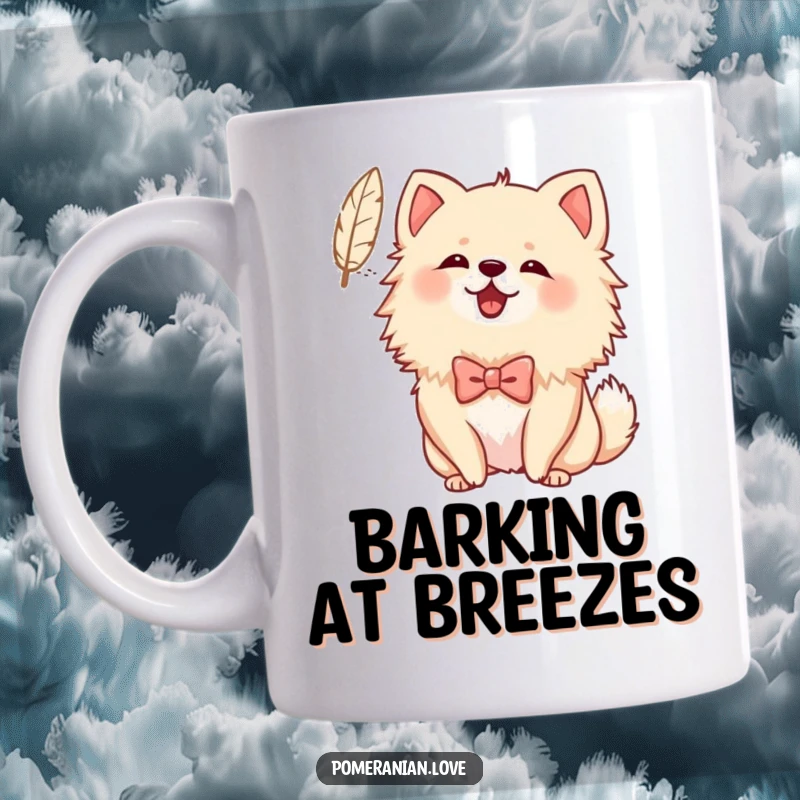 Funny Bowed Pomeranian Mug: A Pomeranian wearing a small bow cheerfully barks at a whimsical floating feather, capturing playful innocence.