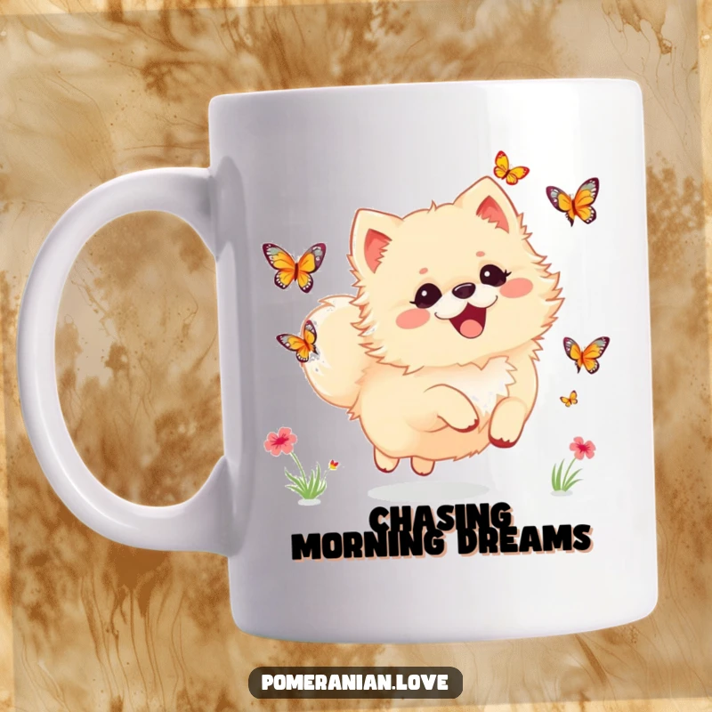 Funny Pomeranian mug showing a happy dog joyfully chasing butterflies in a sunny meadow, embodying delight and carefree fun.