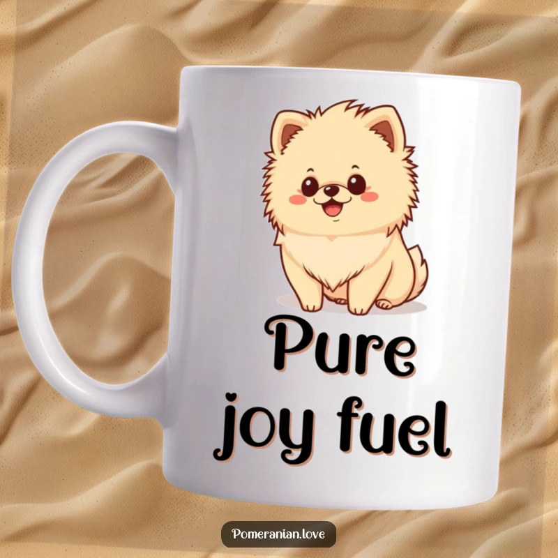 Funny happy Pomeranian mug, fluffy mane, cheerful expression, smiling dog, great gift for dog lovers.