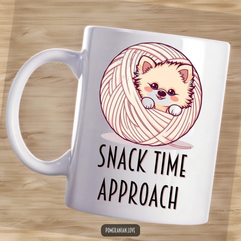 Funny mischievous Pomeranian mug, peeking from yarn, playful expression, cute dog, great funny gift.