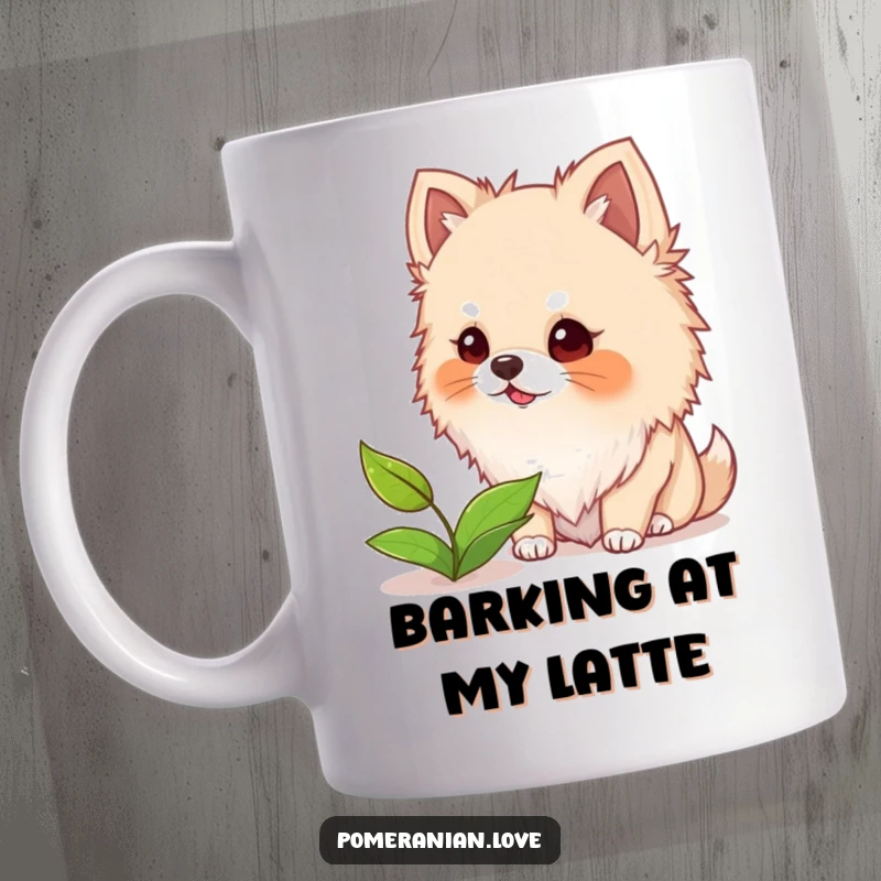 Funny mug depicting a fluffy-eared Pomeranian dog barking excitedly at a single floating leaf in a whimsical way.
