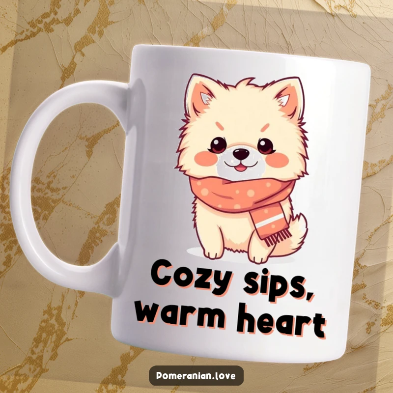 Funny Pomeranian cozy scarf mug, showing a content dog wearing a tiny scarf, radiating warmth and humor.