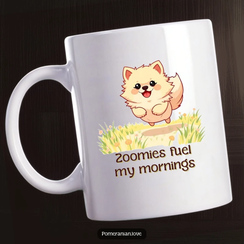 Funny Pomeranian mug showing a happy dog energetically bounding through a sunny field, capturing pure canine delight and boundless enthusiasm.