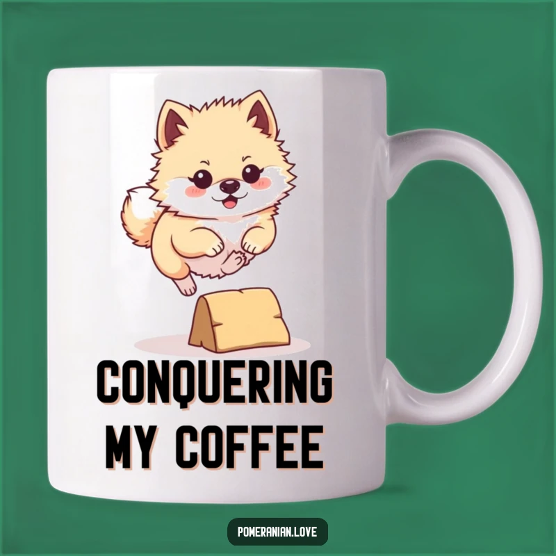 Funny Pomeranian Leap Mug: Determined Dog Overcoming Small Hurdles, Perfect Gift!