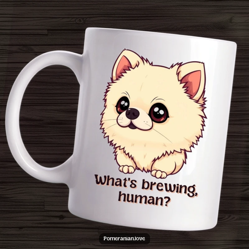 Funny Pomeranian Mug: A fluffy Pomeranian tilts its head with wide, innocent eyes, conveying adorable curiosity and a hint of mischief.