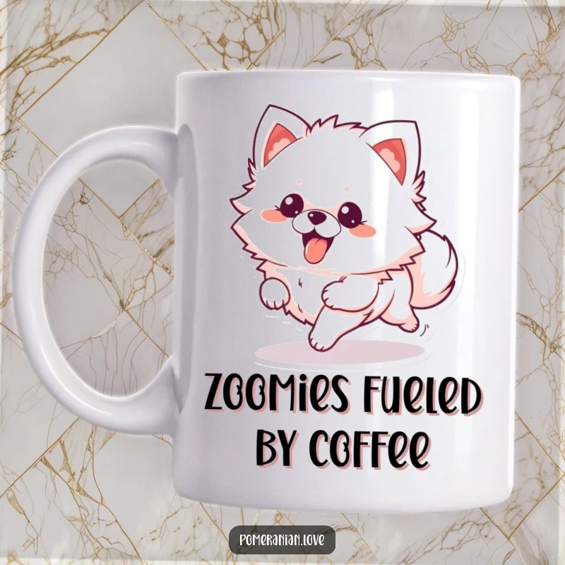 Funny Mug: A fluffy Pomeranian character running with its tongue out, radiating pure happiness and energy.