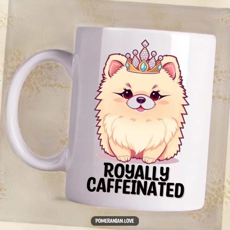 Funny Pomeranian Mug: A fluffy Pomeranian dog proudly wears a tiny sparkly tiara, exuding a hilariously regal and majestic aura.