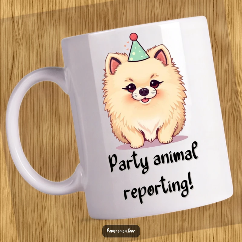 Funny mug showcasing a fluffy Pomeranian dog wearing a tiny party hat with a perky, festive expression, ready to celebrate.