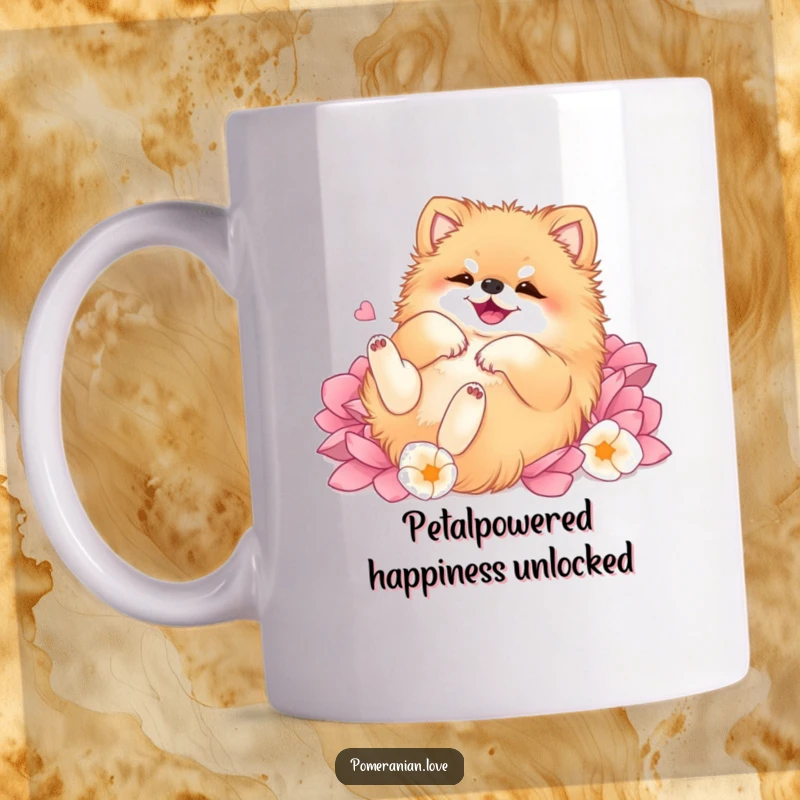 Funny Pomeranian mug, depicted in pure delight, rolling joyfully on its back amidst a soft, colorful bed of flower petals.