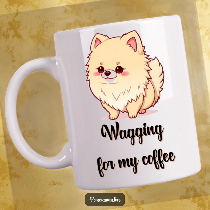 Funny mug featuring a proud, fluffy Pomeranian dog standing tall and wagging its tail with immense happiness and pride.