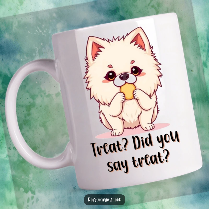 Funny Pomeranian mug showing an alert dog poised and ready for a delicious treat. Captures eagerness and anticipation for snacks.