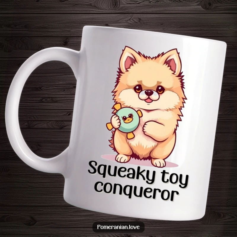 Funny Pomeranian mug showing a proud dog standing tall, triumphantly holding a squeaky toy, ready for playtime fun.