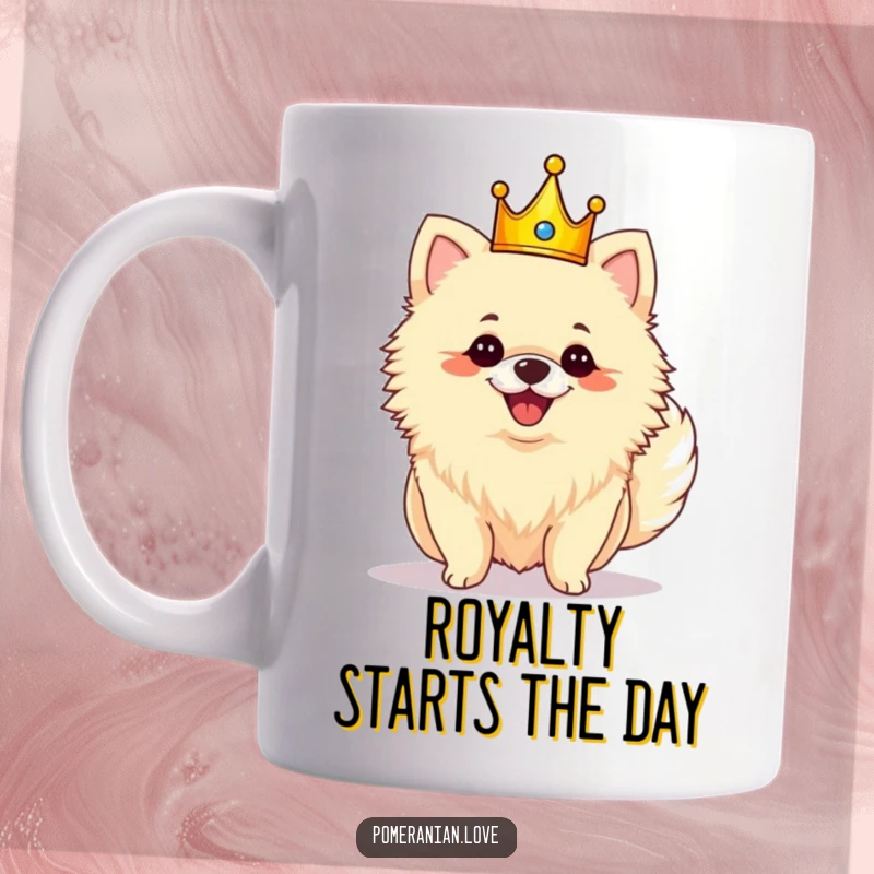Funny royal Pomeranian mug featuring a small crowned dog shaking its fluffy tail joyfully.