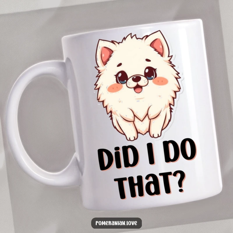 Funny surprised Pomeranian mug, wide-eyed and shocked, perfect for a pet owner who loves hilarious dog gifts.
