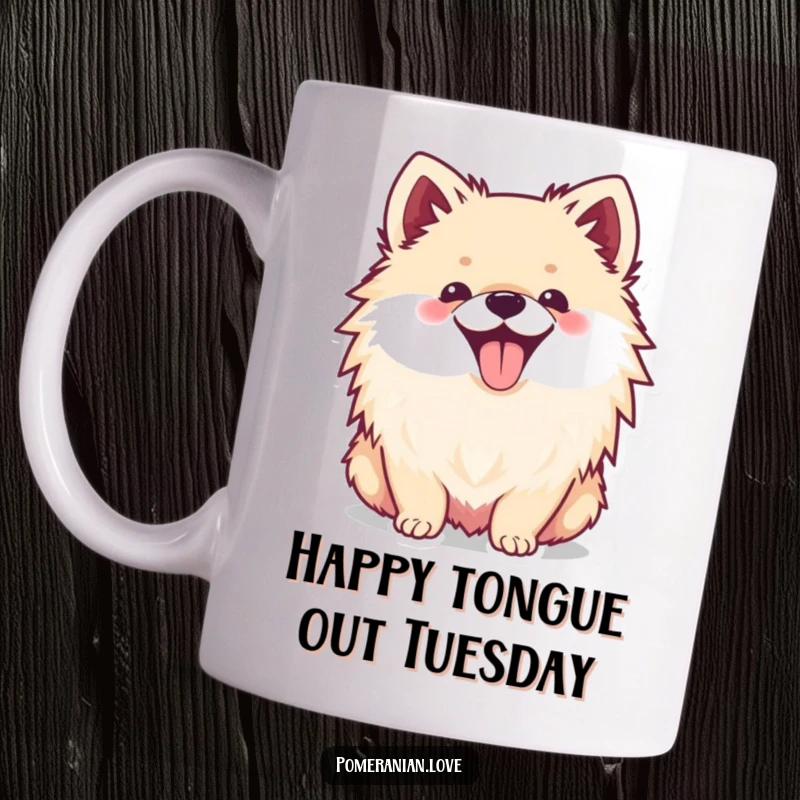 Funny mug featuring a happy Pomeranian dog with its tongue playfully sticking out, conveying pure, infectious joy.