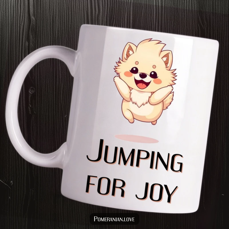 Funny Pomeranian mug featuring a happy dog with a big fluffy mane mid-spirited jump, radiating pure canine joy and excitement.