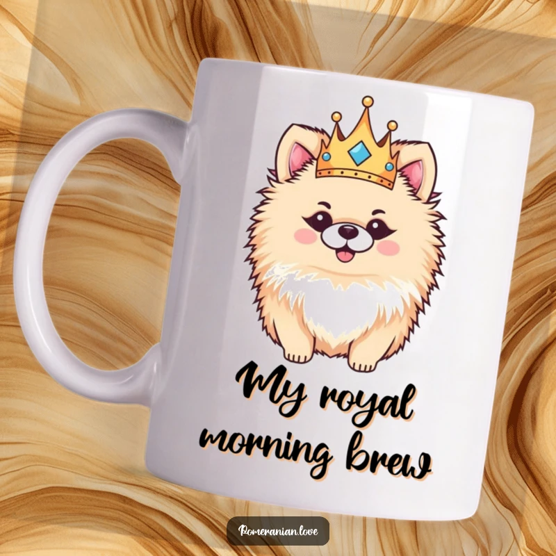 Funny Pomeranian mug with a fluffy dog wearing a tiny, sparkling crown, looking regal, happy, and regal.
