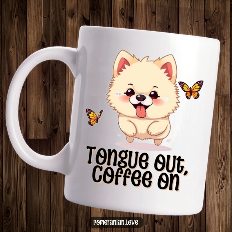 Funny Pomeranian mug, a silly dog with its tongue sticking out, joyfully chasing a colorful butterfly in pursuit.