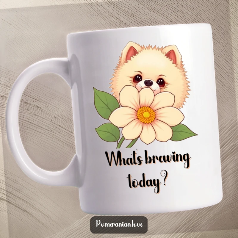 Funny Pomeranian dog peeking curiously from behind a large colorful flower on a mug.