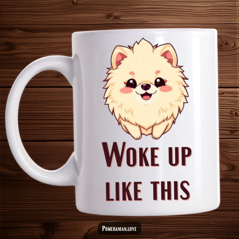 Funny mug featuring a smiling Pomeranian dog with an impressively fluffy mane, radiating pure happiness.