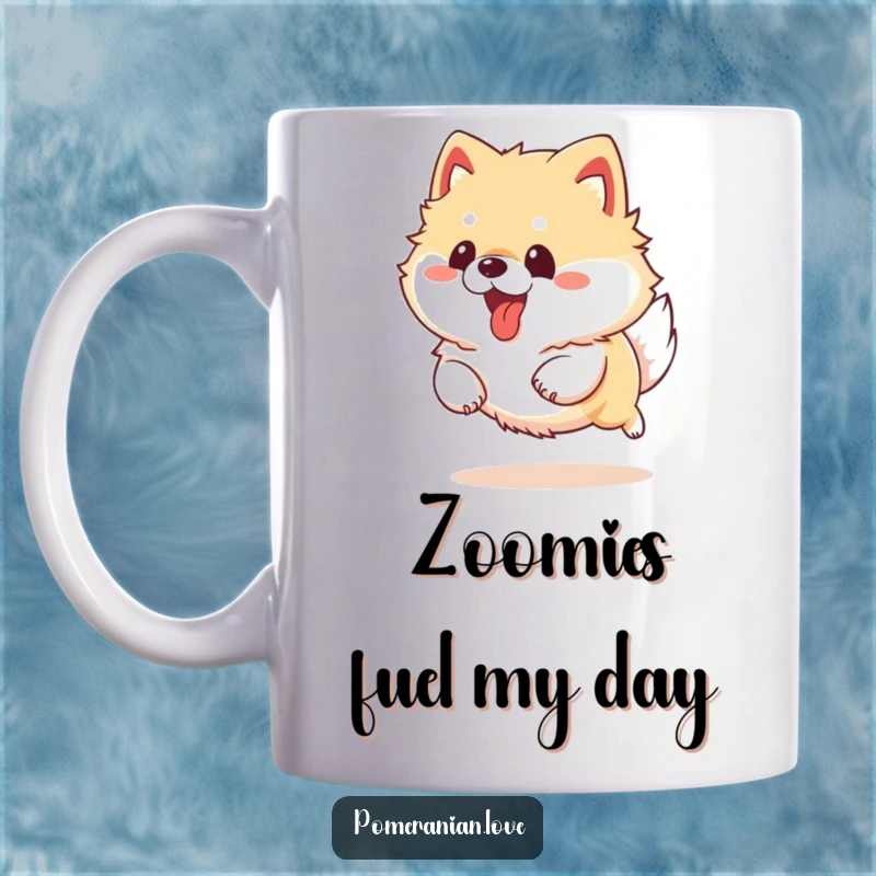 Funny fluffy Pomeranian dog running with its tongue out, captured in a joyful, energetic moment on a mug.