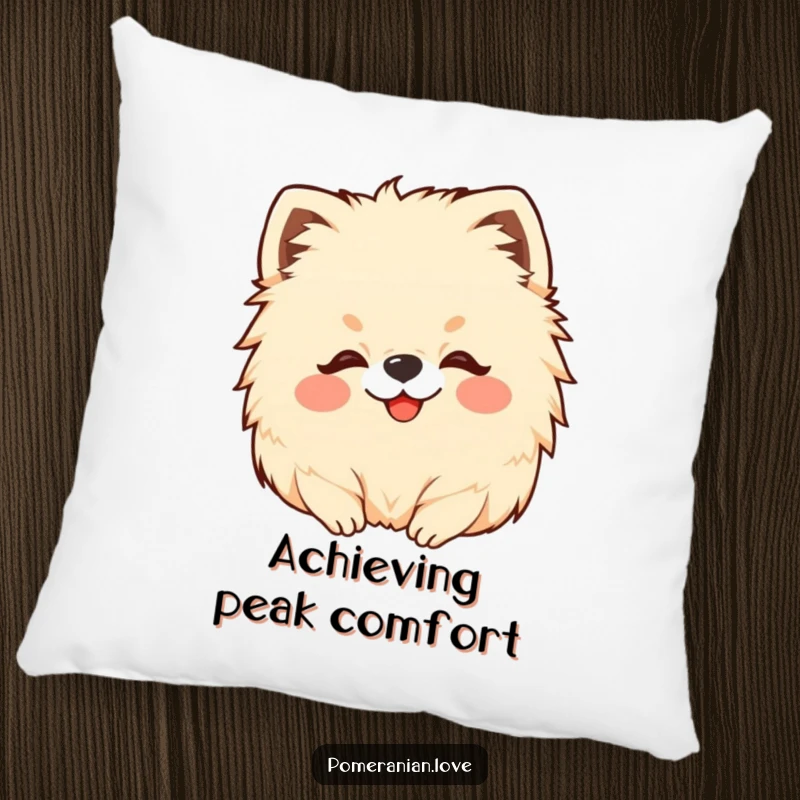 Funny Pomeranian pillow featuring a fluffy dog blissfully enjoying a gentle head scratch, adding charm to decor.