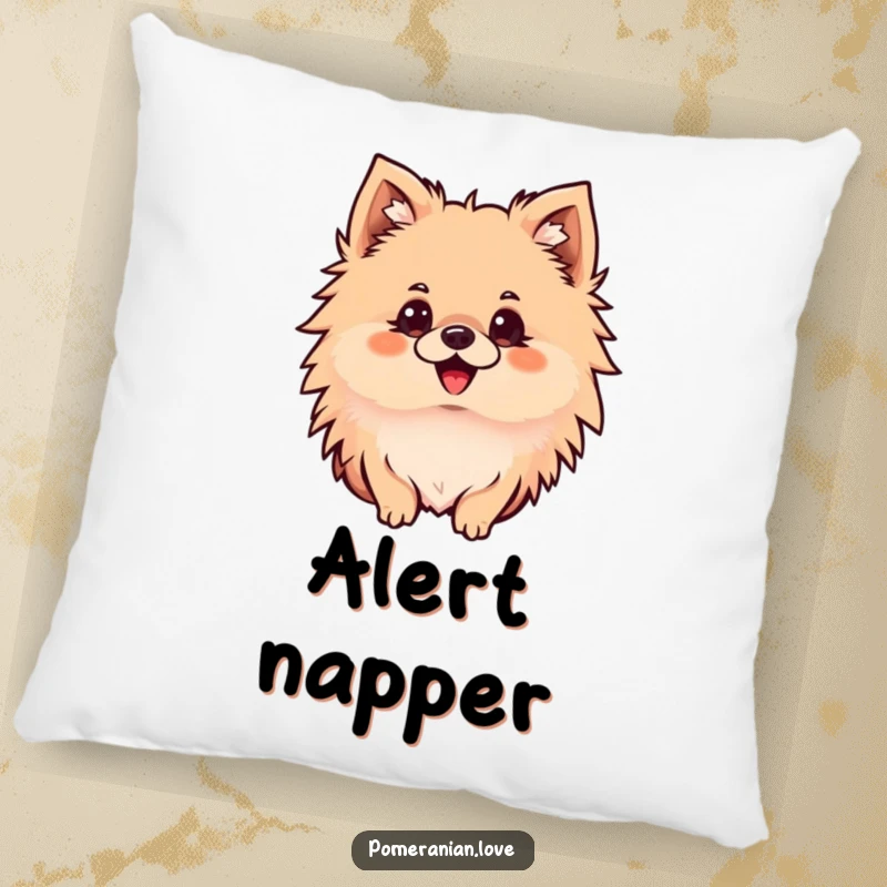 Funny Pomeranian pillow featuring a delighted dog with perked ears, looking intently, offering cozy comfort and a curious presence.