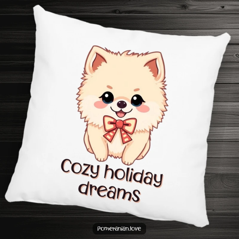 Funny pillow with a cheerful Pomeranian wearing a festive bow, soft, cozy, and humorous, a gift.