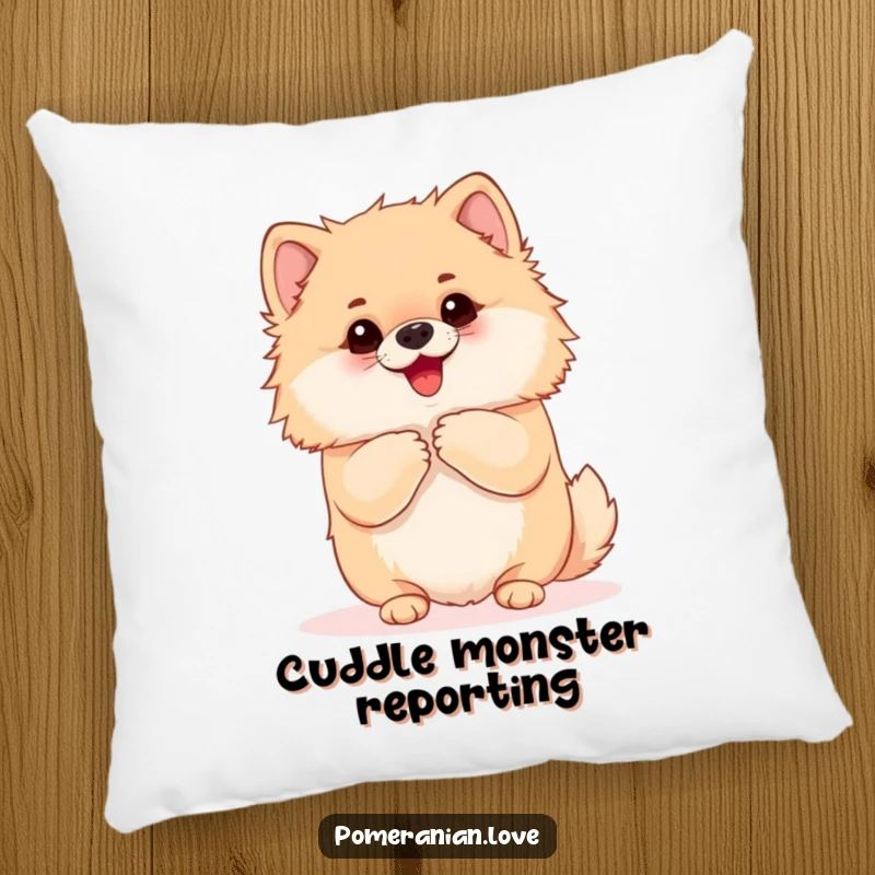 Funny Pomeranian pillow with an eager dog yapping and begging for a hug. Offers a touch of affection and cozy comfort.